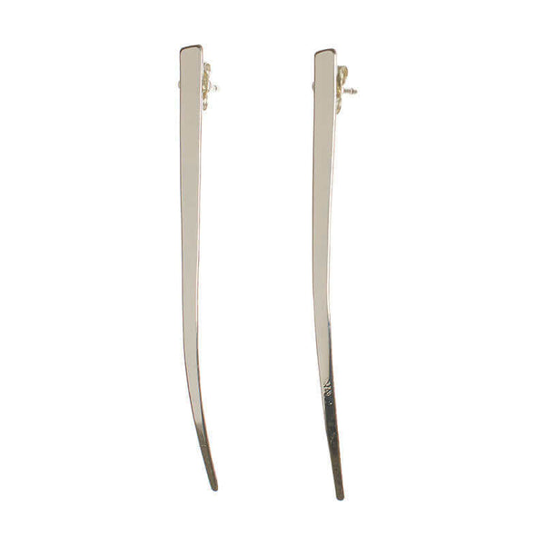 Pair of silver spike earrings, flat spike with a slight curve at tip.