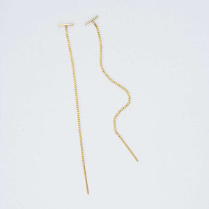 Pair of gold threader earrings, small bar with fine gold chain ending in bar, shown at angle.