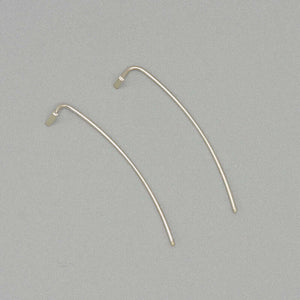 Pair of silver bar threader earrings with wire bar extending down.