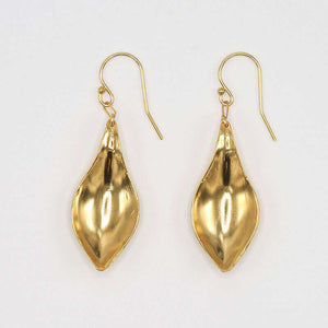 Pair of gold earrings, with curved simple leaf design.