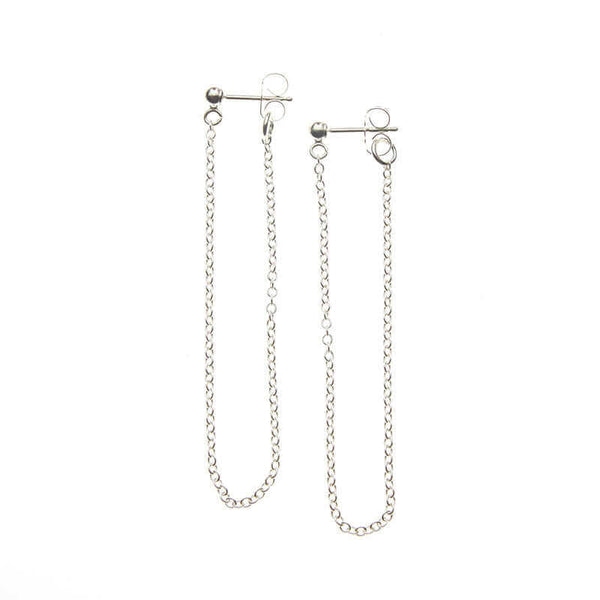 Pair of silver earrings, long loop of delicate chain on a post.