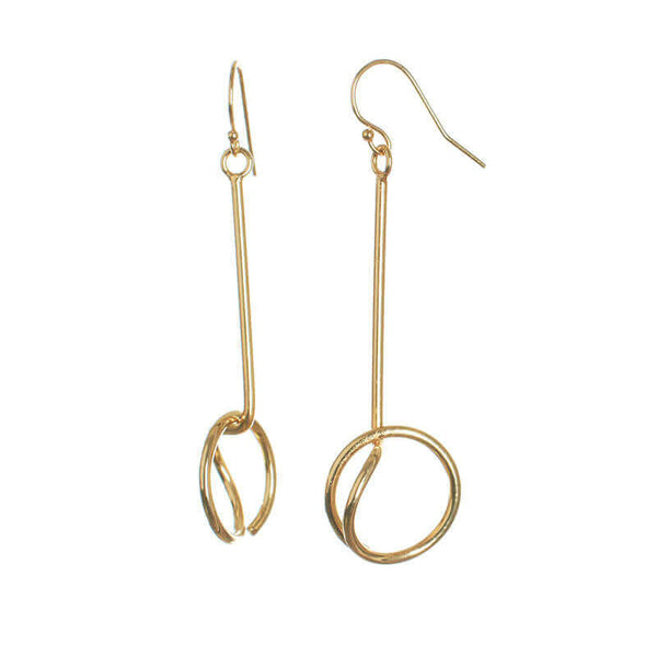 Pair of gold earrings, bent round wire with a straight drop to circle detail.