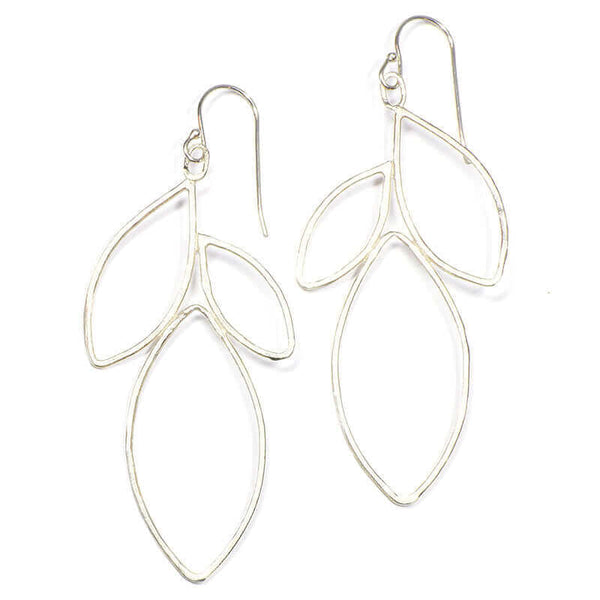 Pair of silver earrings shaped like outline of group of leaves.