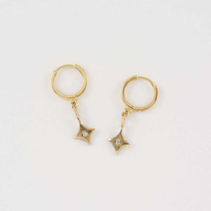 Pair of 4 point gold star earrings on hoop clasp.