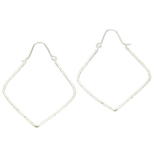 Pair of silver geometric rhombus shaped hoop earrings.