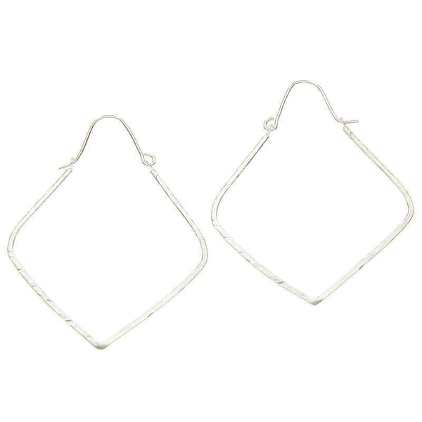 Pair of silver geometric rhombus shaped hoop earrings.