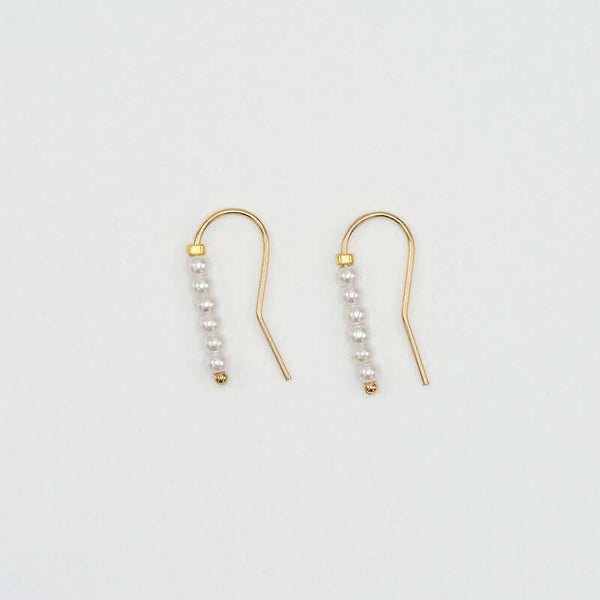 Pair of small gold wire earrings with pearl beads.