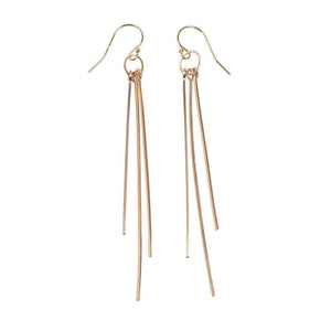 Pair of gold dangle earrings with three varied length square wires.