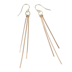 Pair of gold dangle earrings with three varied length square wires.