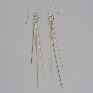 Pair of silver dangle earrings with three varied length square wires.