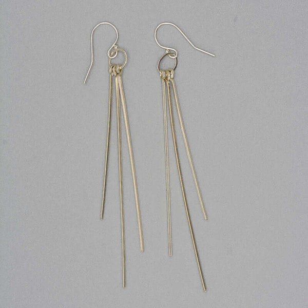 Pair of silver dangle earrings with three varied length square wires.