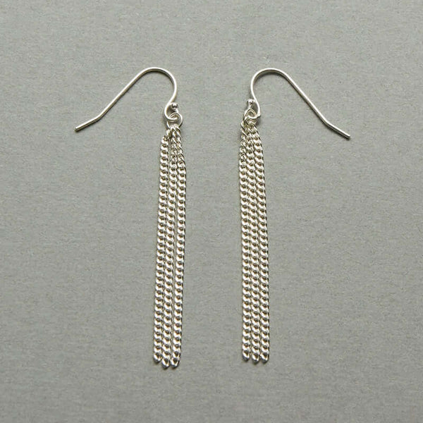 Pair of silver chain tassel earrings, on earwire.
