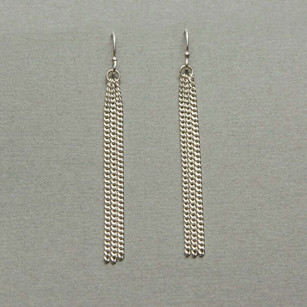 Pair of silver chain tassel earrings, on earwire.