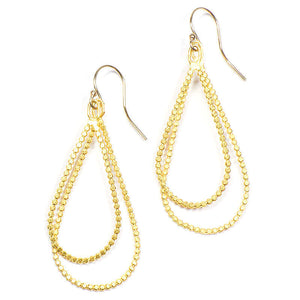 Pair of gold beaded wire teardrop shaped earrings on earwire.