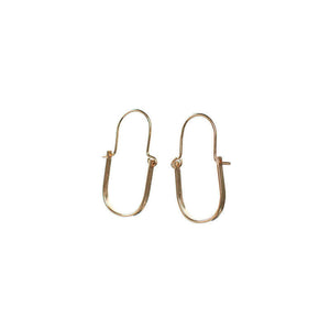 Pair of gold hoop style earrings with curved bar on wire.