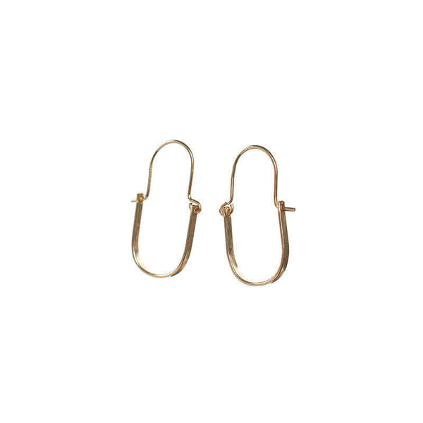 Pair of gold hoop style earrings with curved bar on wire.