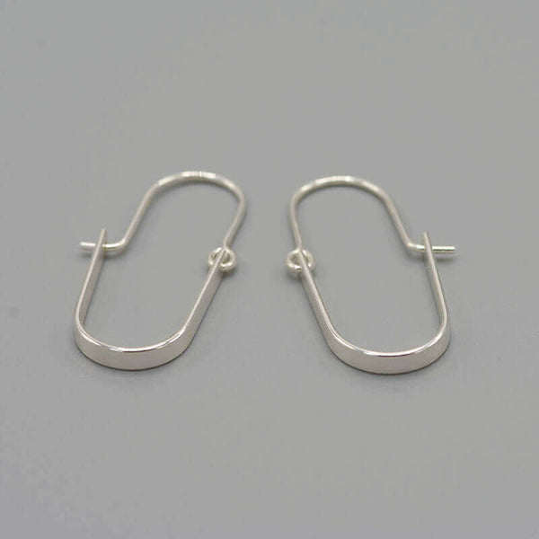 Pair of silver hoop style earrings with curved bar on wire.