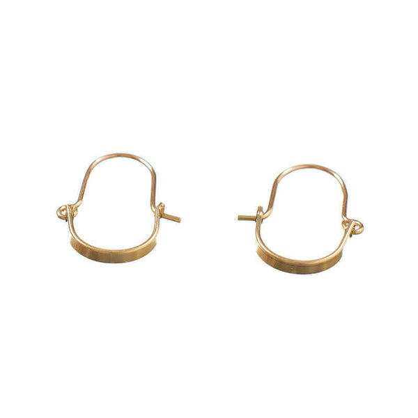 Pair of small gold hoop style earrings with curved bar on wire.