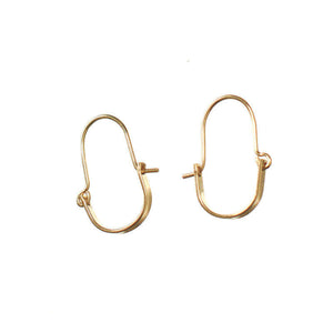 Pair of small gold hoop style earrings with curved bar on wire.