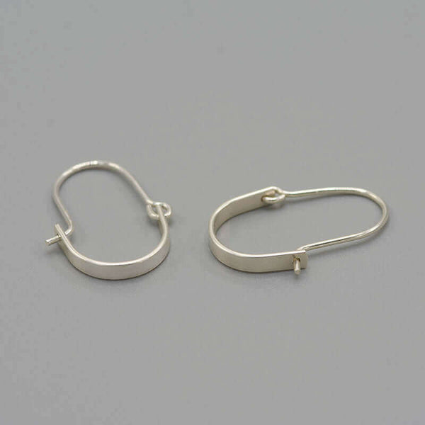 Pair of small silver hoop style earrings with curved bar on wire.