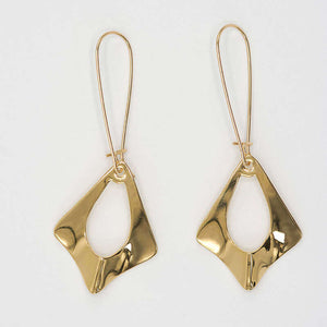 Pair of gold earrings, flat diamond shape with oval cutout on french earwire.