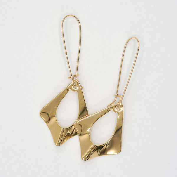 Pair of gold earrings, flat diamond shape with oval cutout on french earwire.