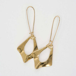 Pair of gold earrings, flat diamond shape with oval cutout on french earwire.