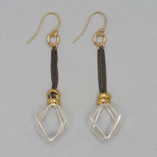 Pair of dark chain dangle earrings with cast silver rhombus.