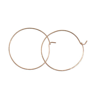 Pair of simple gold hoop earrings with loop and hook as clasp.