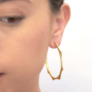 Close-up front view of woman wearing a pair of gold cast hoop earring on post with sun motif.