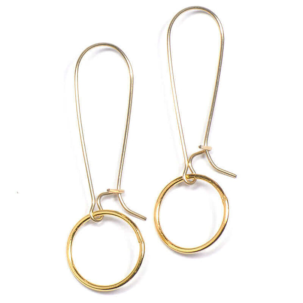 Pair of gold circle earrings on long french earwire.