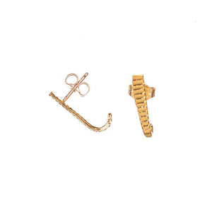 Pair of gold earrings, curved spike with serrations on posts that hooks around earlobe.