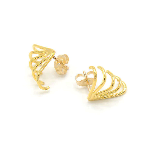 Pair of gold earrings with 5 gold wires that wrap around earlobes.