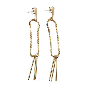 Pair of gold earrings, chain hoop with 3 hanging bars on posts.