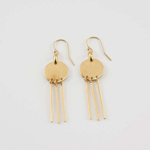 Pair of gold earrings, round disc with 3 hanging bars on earwire.