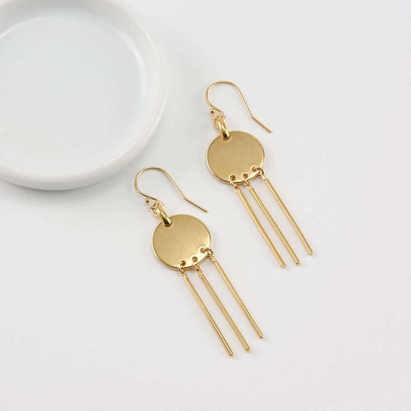 Pair of gold earrings, round disc with 3 hanging bars on earwire.