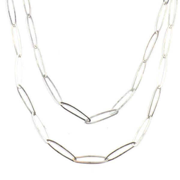 Silver elongated link necklace with clean modern design shown doubled up.
