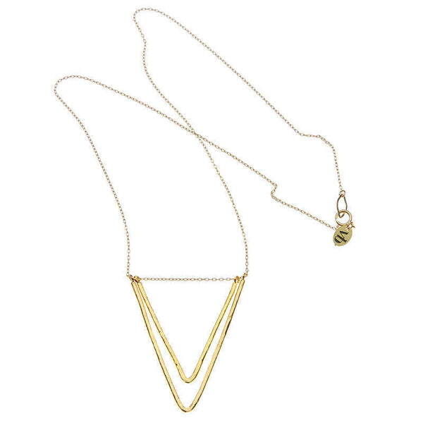 Delicate gold chain necklace with two nested v-shaped pendants, full length showing clasp.