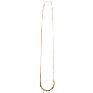 Gold chain with half-circle beaded bar as pendant, full length showing clasp..