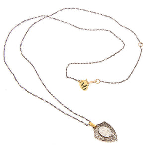 Delicate black chain with vintage shield pendant, full length showing clasp.