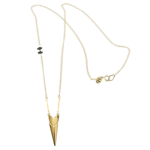 Gold chain necklace with chevron pendant, shown full length.