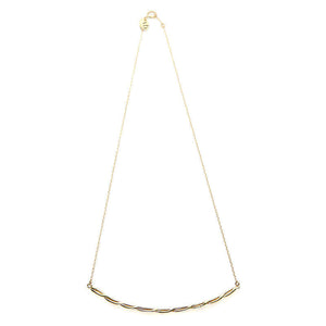 Gold chain necklace with cast twisted rope bar pendant.