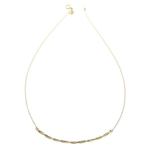 Gold chain necklace with cast twisted rope bar pendant.
