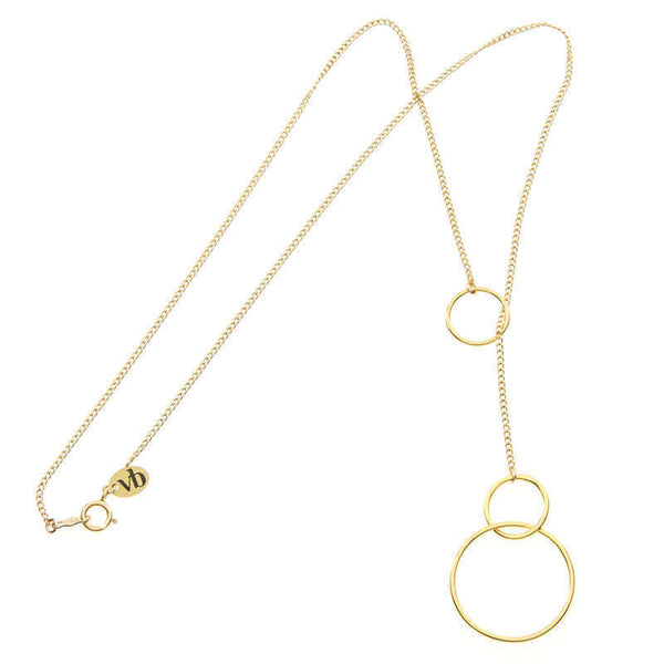 Gold chain necklace with hoops are at end that slide for adjustment.