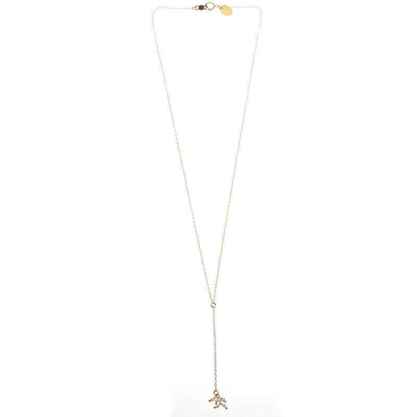 Dainty gold necklace with pendant of simple drop chain and tiny pearls.
