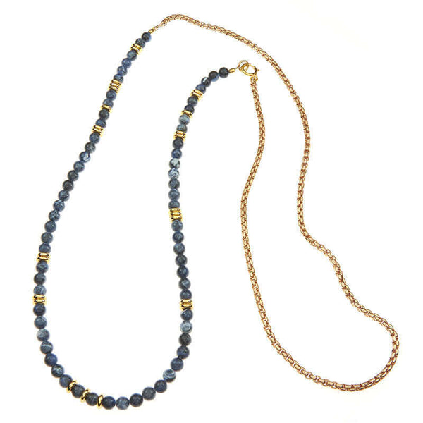 Necklace of chunky gold chain with blue river stones and brass beads.