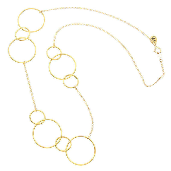 Gold necklace, groups of gold hoops on gold chain.