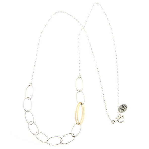 Silver chain necklace with wide oval links in front with detail on 2 gold links.