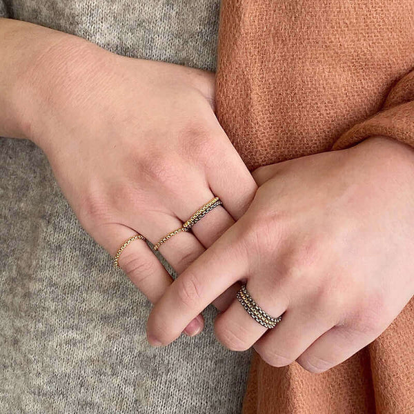Close-up of hands wearing gold and titanium rings.